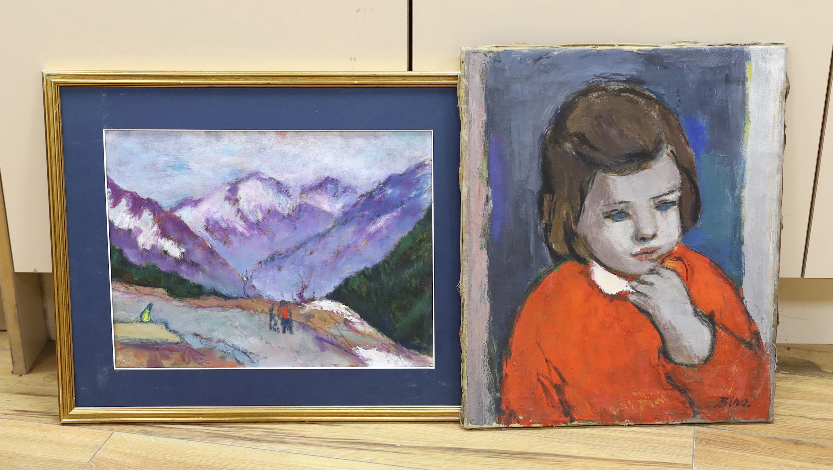 Akos Biro (Hungarian, 1911-2002), two oils on canvas, Mountainous landscape and Portrait of a child, one signed A Bino, largest 46 x 38cm, one unframed